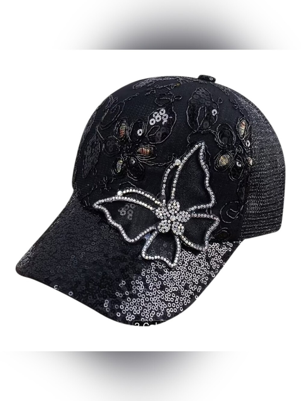 Embellished Black Butterfly Sequin Baseball Cap